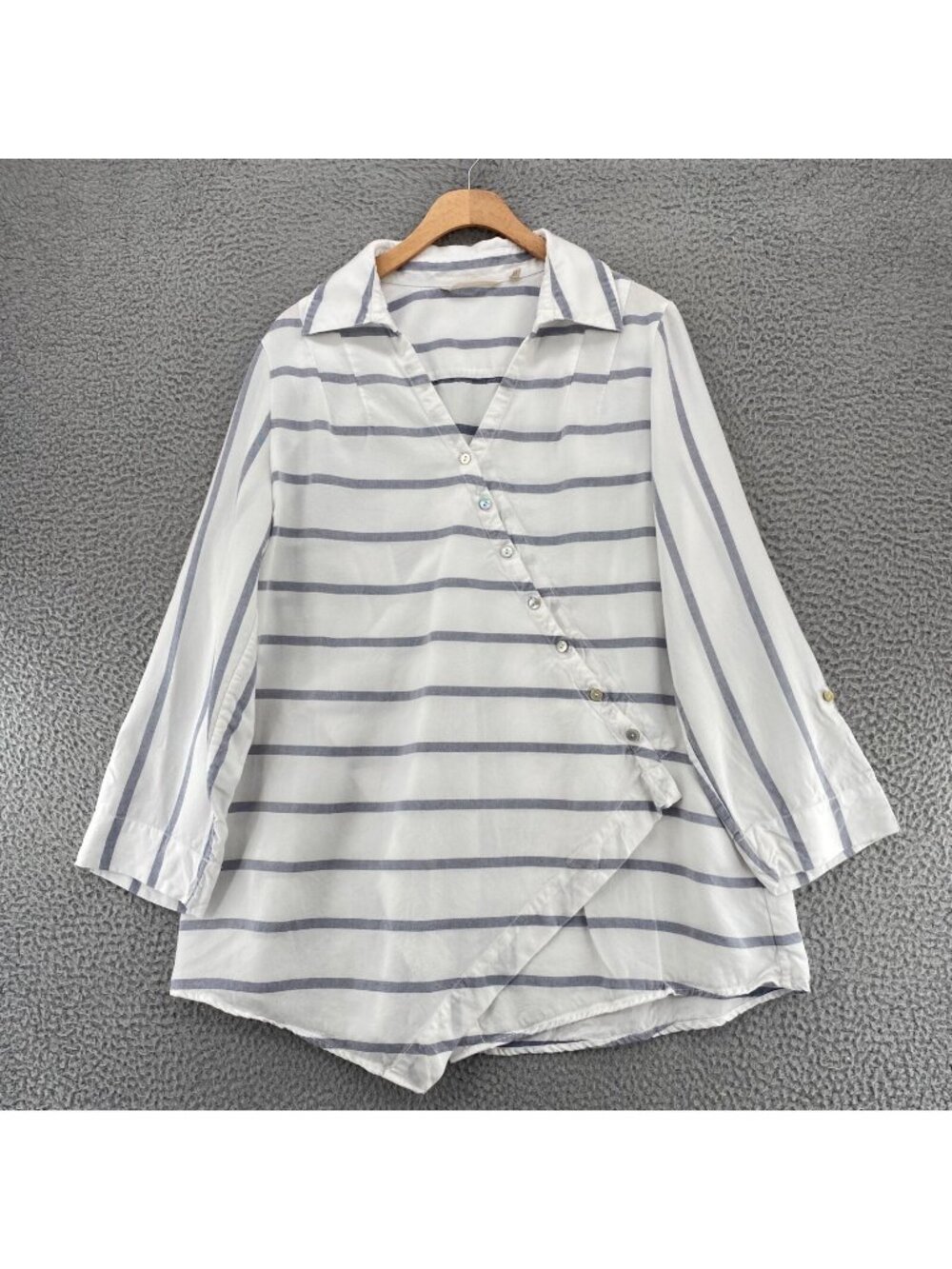 Soft Surroundings Top Women Large White Striped Tunic Asymmetric Collared V Neck